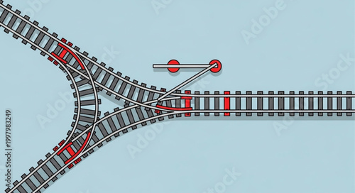 Railway switch tracks diverging and converging with a lever.