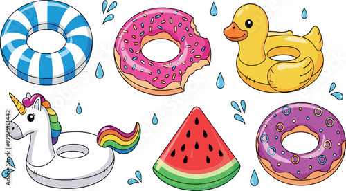 Colorful Inflatable Pool Float Set with Donut Rings, Rubber Duck, Unicorn Float, and Watermelon Slice for Summer Vacation Beach Party Designs