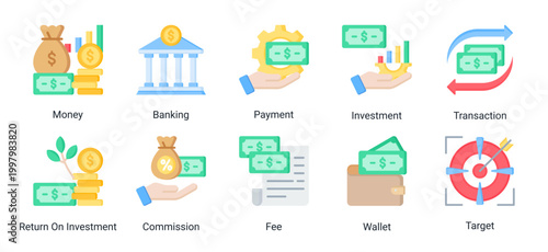Investment and banking icon set with line icons for money,payment,transaction,ROI,and financial targets.Perfect for fintech,banking apps,and financial services.