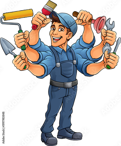 A handyman cartoon handy man caretaker construction worker or maintenance man multitasking caretaker concept.
