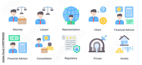 Legal and advisory icon set with professional icons for lawyer,client,consultation,regulatory,and financial advisory services.Ideal for corporate and legal business use.