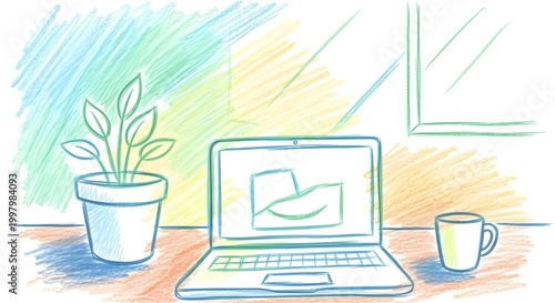 Laptop and coffee cup sketch on a desk.