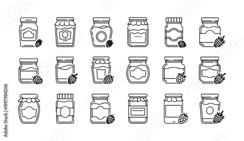 Various glass jars filled with raspberry jam in a clean line art style
