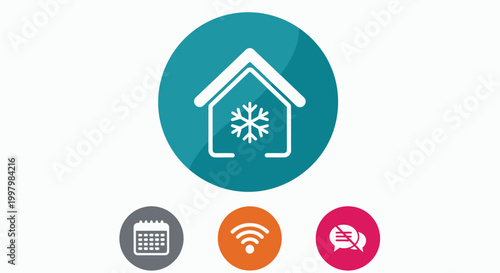 A teal circle displays a white house outline with a snowflake representing air conditioning or cooling