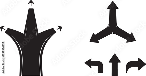 Conceptual vector illustration of multiple directional arrows, representing choices, decision-making, different paths, and future directions for strategic planning and navigation