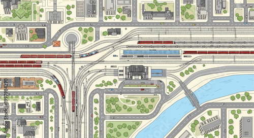 Aerial view of a complex train station with many tracks and platforms.