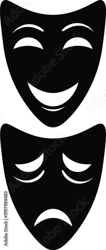 Theatrical Masks Smiling and Frowning on White Background