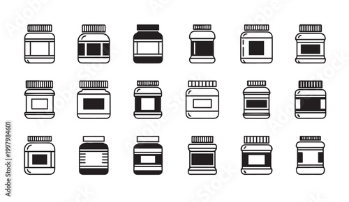 Various supplement jars with blank labels in a clean grid layout on a white background