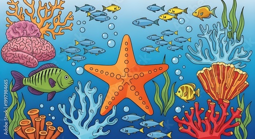 Illustration of a busy marine ecosystem with various types of fish, coral reefs, and a large starfish.