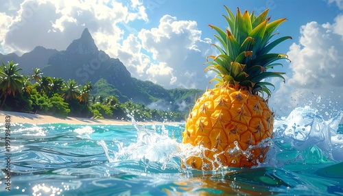 A large pineapple floats in tropical waters, waves splashing around it