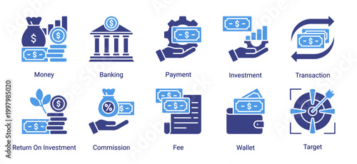 Investment and banking icon set with line icons for money,payment,transaction,ROI,and financial targets.Perfect for fintech,banking apps,and financial services.