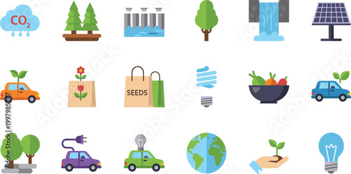 Flat Design Ecology Icon Set with Renewable Energy, Hydroelectric Power, Sustainable Transport, Organic Farming, and Environmental Conservation Symbols 