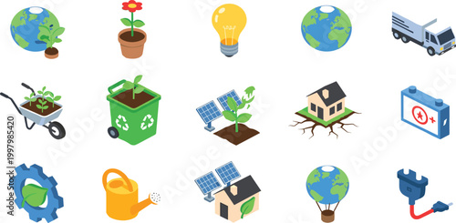 Isometric Ecology and Sustainability Icon Set Featuring Renewable Energy, Green Gardening Tools, Eco Friendly Logistics, and Climate Change Awareness Symbols for Environmental Designs