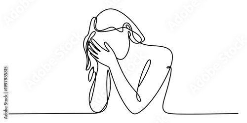 Sad woman covering her face in a continuous single line drawing style
