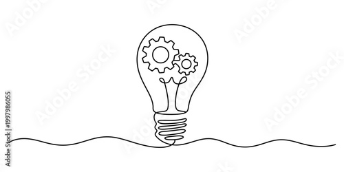 Continuous line drawing of a light bulb with gears inside