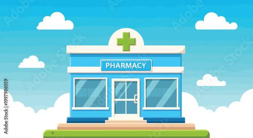 A brightly colored illustration depicts a pharmacy storefront with a green cross symbol under a blue sky