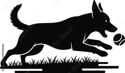 Black silhouette of a dog jumping for a ball in grass