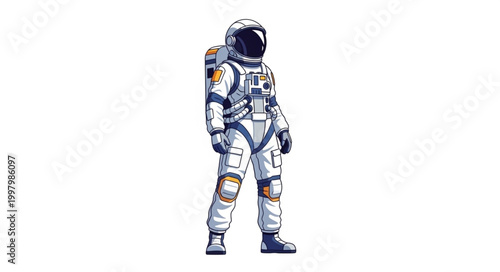 Astronaut standing in a white spacesuit with helmet and backpack.