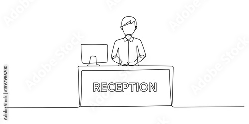 Receptionist standing at a reception desk continuous line drawing