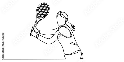 Woman playing tennis with a racket in a continuous single line drawing