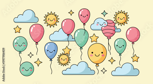 Two smiling green balloons with rosy cheeks float happily with a sparkle