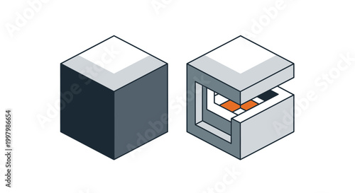 Isometric illustration of two gray cuboid structures one solid and one with an internal orange cube
