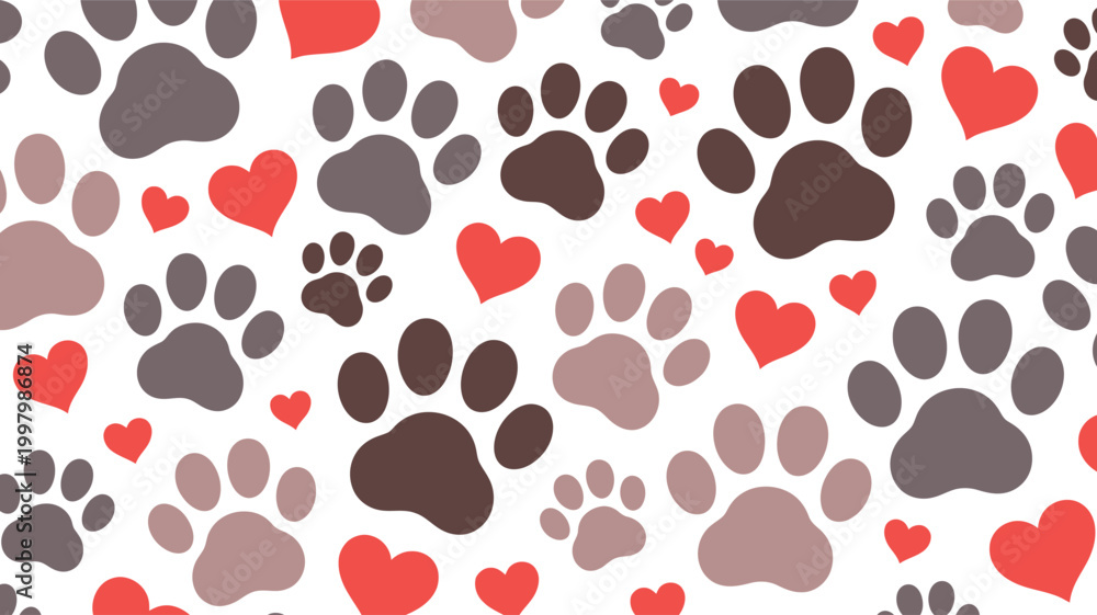 Fototapeta premium Cute Paw Print and Heart Love Pet Pattern Seamless