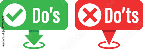 Do's and Don'ts checkmark and cross icons, green and red rule signs, flat vector infographic set