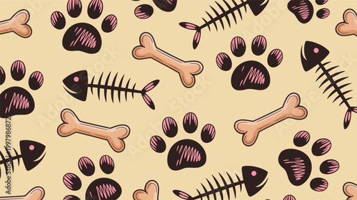 Cute pet animal dog cat paw fish bone pattern art