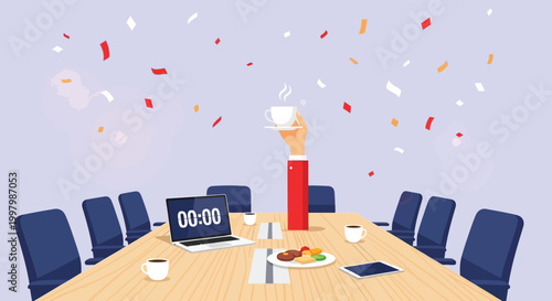 A celebratory scene depicts a hand holding a coffee cup amidst falling confetti in a conference room