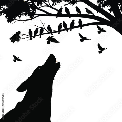Black silhouette of a wolf howling at birds on a tree branch