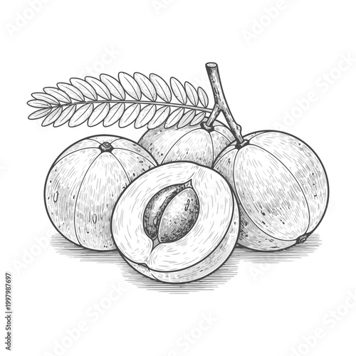 Fresh peaches with leaves on stem