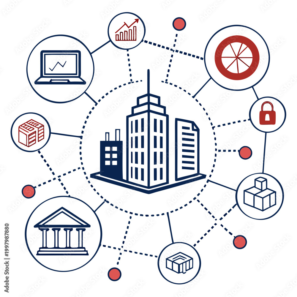 Obraz premium vector illustration of an economic ecosystem with building laptop and security icons connected by dotted lines high quality professional detailed modern elegant stylish clean crisp vibrant