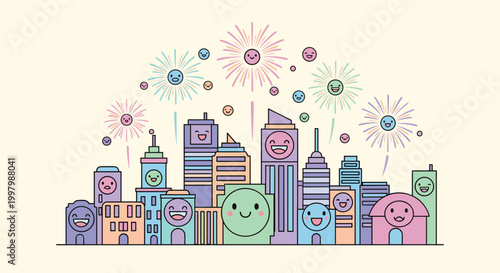 A cheerful illustration of colorful buildings with smiling faces, conveying happiness and friendliness, suitable for use in marketing and advertising 