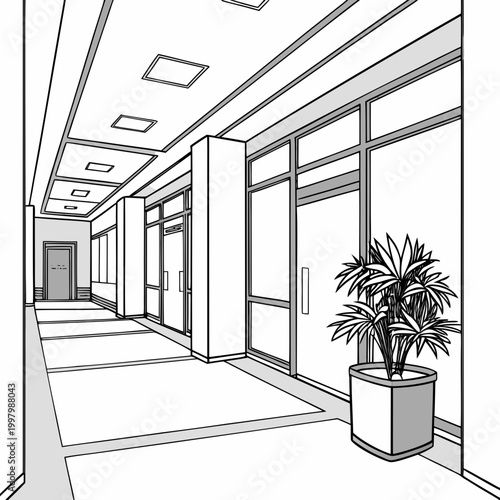 line drawing of a modern corridor with a potted plant and recessed ceiling lights high quality professional detailed elegant stylish clean crisp vibrant colorful digital creative