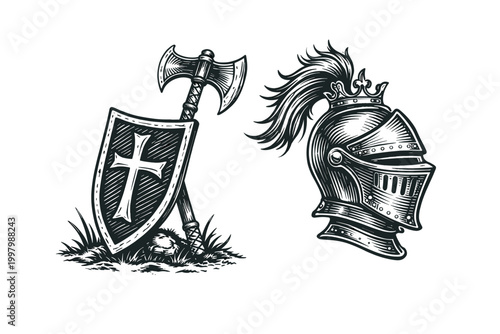 Medieval knight armor doodle vector illustration with helmet, shield, battle axe and crusader cross