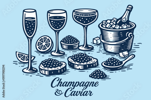 Champagne and caviar doodle vector illustration with glasses, bottle, ice bucket and luxury food