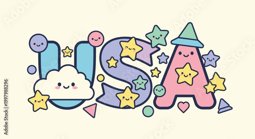 A cheerful cartoon star with a smile and rosy cheeks floats amidst whimsical shapes.