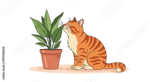 An orange tabby cat curiously investigates green leaves sprouting from a terracotta potted plant