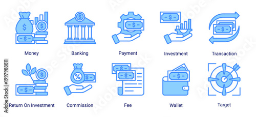 Investment and banking icon set with line icons for money,payment,transaction,ROI,and financial targets.Perfect for fintech,banking apps,and financial services.