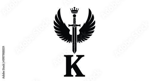 A striking black silhouette features winged sword and a prominent letter k below it