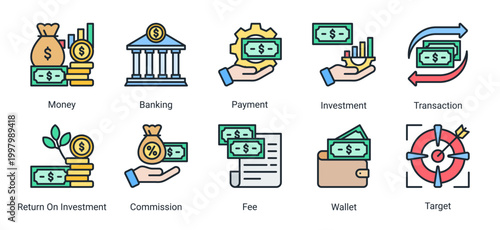Investment and banking icon set with line icons for money,payment,transaction,ROI,and financial targets.Perfect for fintech,banking apps,and financial services.