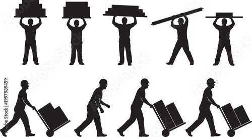 Illustrations of workers carrying and moving heavy boxes and furniture