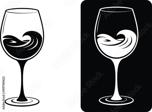 Black and white wine glass with swirling liquid