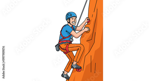 Cartoon Illustration of a Determined Rock Climber Scaling a Cliff