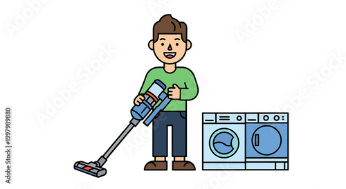 Cartoon Man Cleaning House with Vacuum and Washing Machine