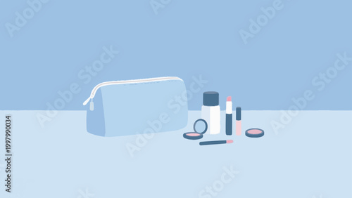 Cosmetic pouch with makeup products flat vector illustration
