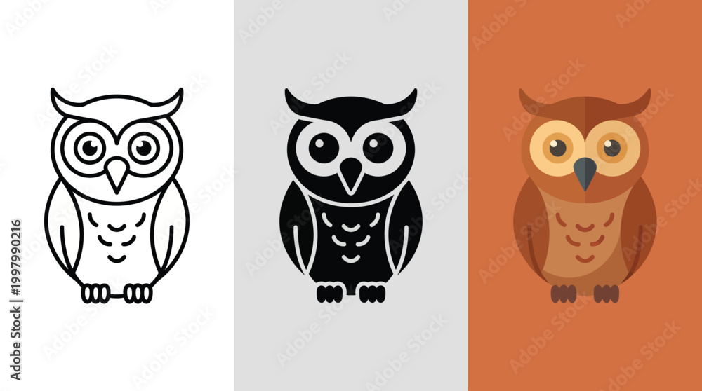 Fototapeta premium Owl Illustrations in White, Black, and Orange Backgrounds