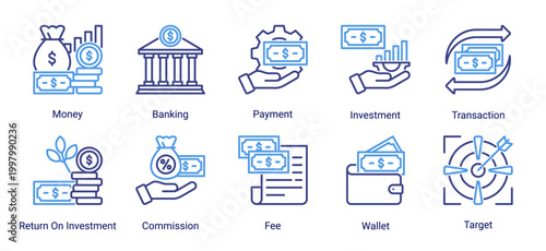 Investment and banking icon set with line icons for money,payment,transaction,ROI,and financial targets.Perfect for fintech,banking apps,and financial services.