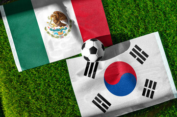 Mexico vs South Korea, national flags before world championship Group A group stage match, football on green pitch with goal in the background, Zapopan, Mexico, June 18, 2026